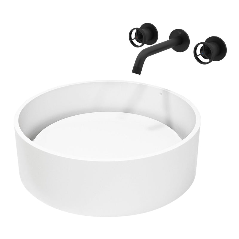 VIGO Anvil MatteStone Round White Composite Bathroom Sink/Basin Set with Cass Wall Mount Faucet and Pop-Up Drain R1