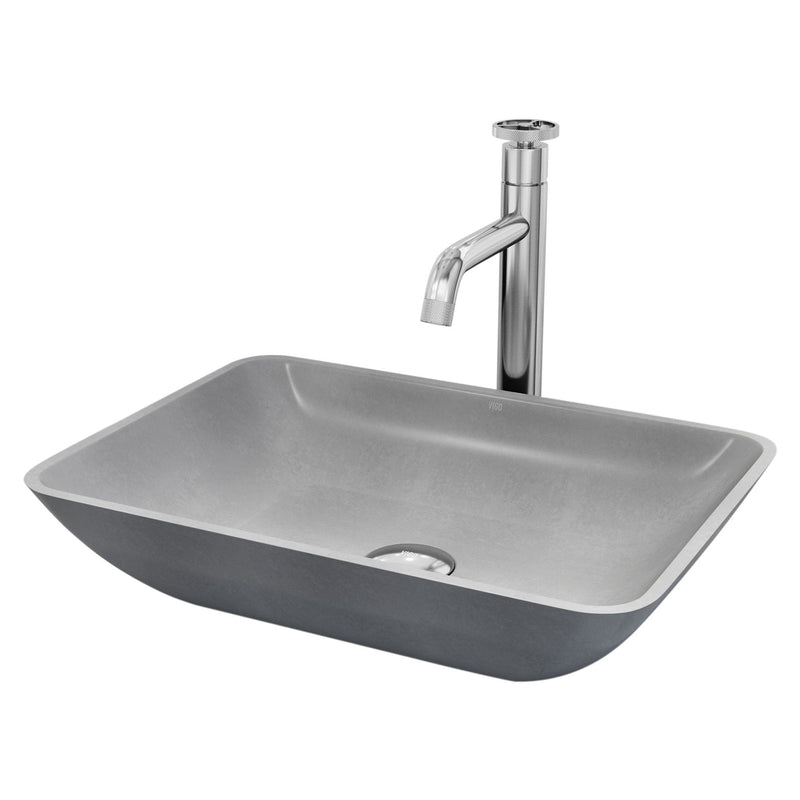 VIGO Duomo Gothic ConcretoStone Grey Bathroom Sink/Basin Set with Cass Faucet and Rectangular Vessel I3