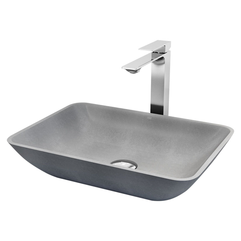 VIGO Duomo Gothic ConcretoStone Grey Bathroom Sink/Basin Set with Dunn Faucet and Rectangular Vessel T0