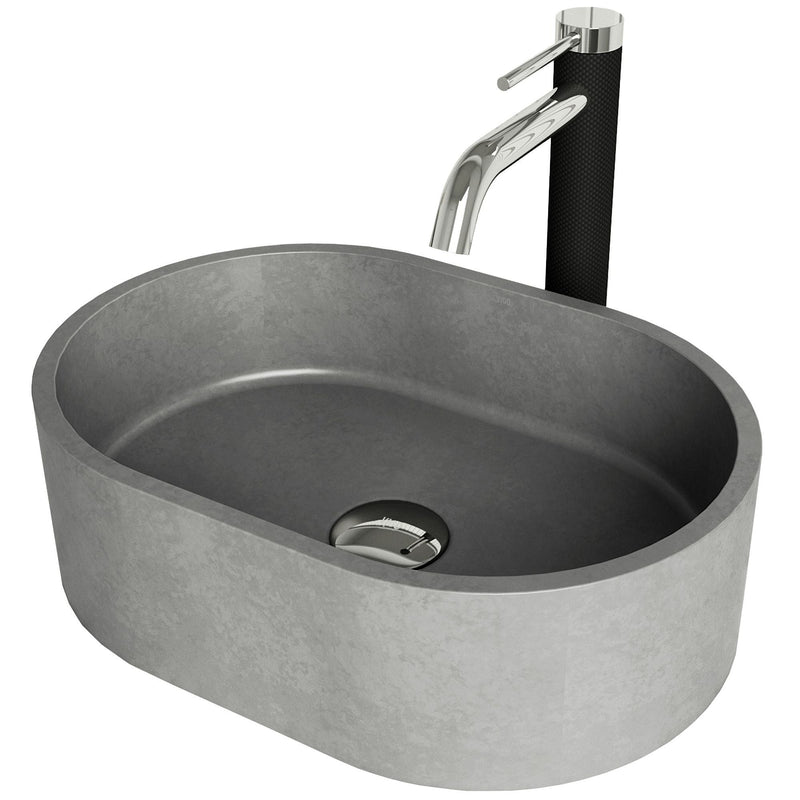VIGO Giralda Gothic ConcretoStone Grey Bathroom Sink/Basin Set with Lexington Faucet and Oval Composite Vessel F2