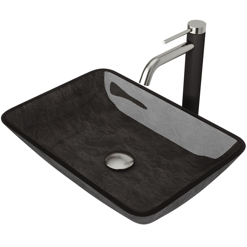 VIGO Glass Grey Onyx Bathroom Sink/Basin Set with Lexington Faucet and Rectangular Vessel Y7