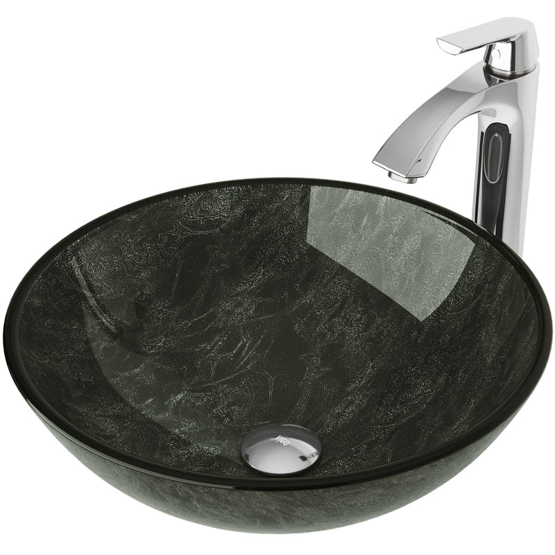 VIGO Glass Grey Onyx Bathroom Sink/Basin Set with Linus Faucet and Round Vessel L8