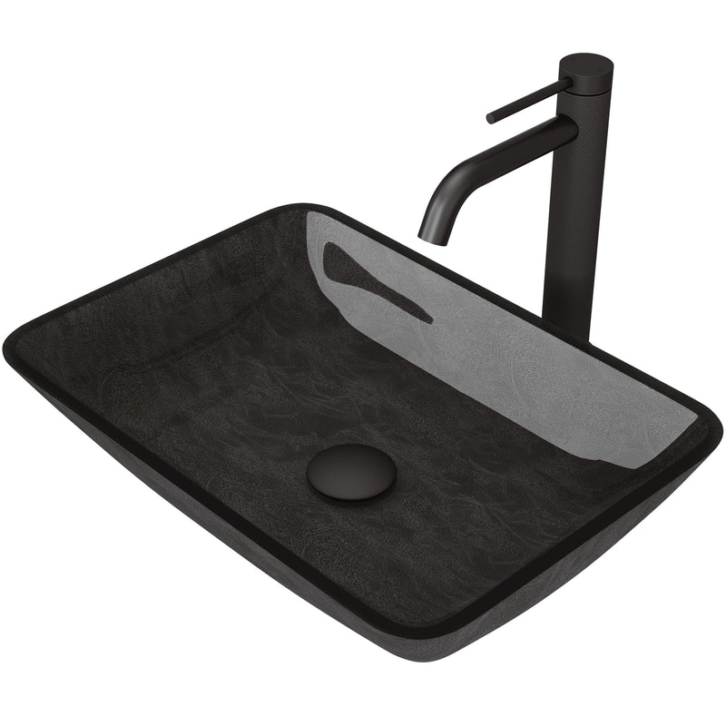 VIGO Glass Grey Onyx Bathroom Sink/Basin Set with Matte Black Lexington Faucet and Rectangular Vessel T2