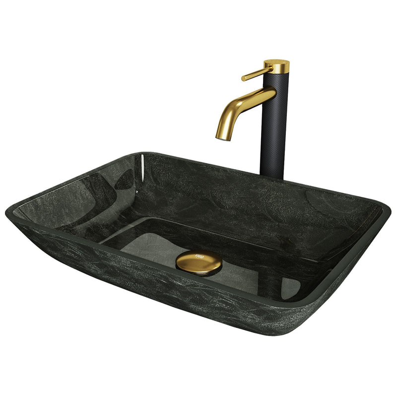 VIGO Glass Grey Onyx Bathroom Sink/Basin Set with Matte Gold Lexington Faucet and Rectangular Vessel E7