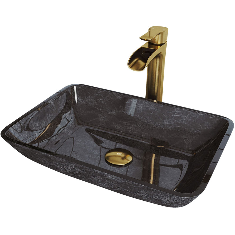 VIGO Glass Grey Onyx Bathroom Sink/Basin Set with Matte Gold Niko Faucet and Rectangular Vessel C8
