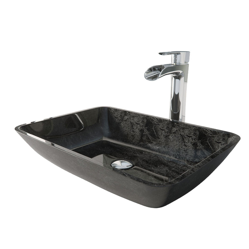 VIGO Glass Grey Onyx Bathroom Sink/Basin Set with Niko Faucet and Rectangular Vessel L6
