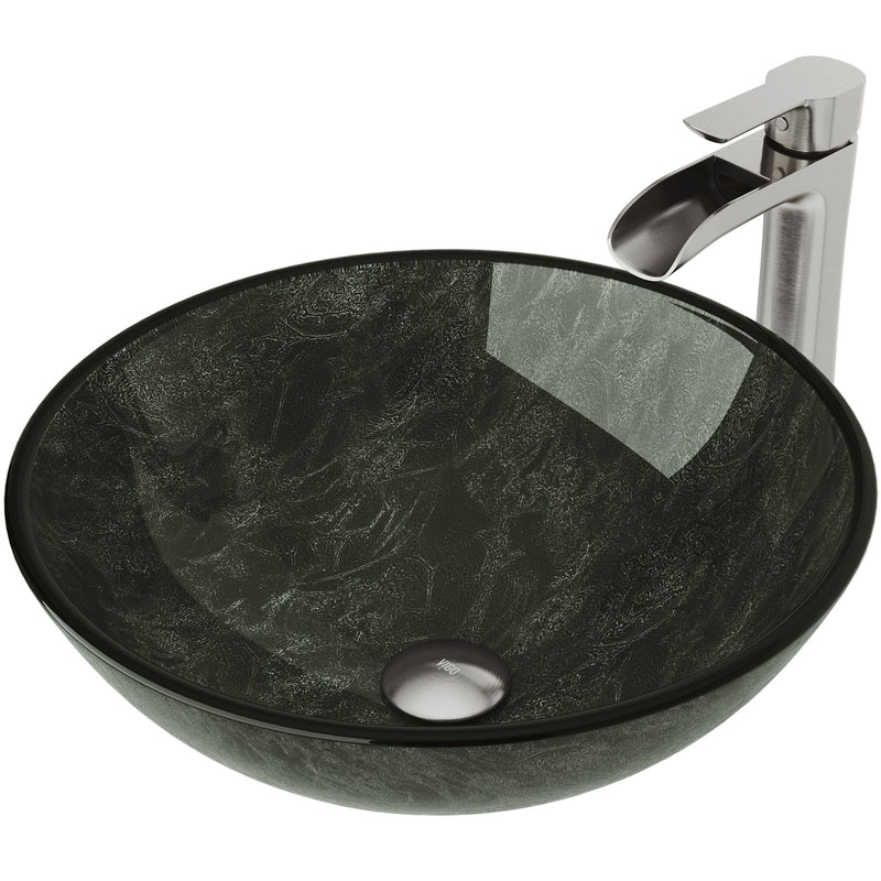 VIGO Glass Grey Onyx Bathroom Sink/Basin Set with Niko Faucet and Round Vessel D0