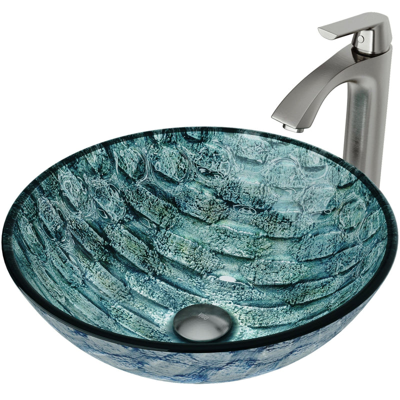 VIGO Glass Oceania Blue Bathroom Sink/Basin Set with Linus Faucet and Round Vessel N0
