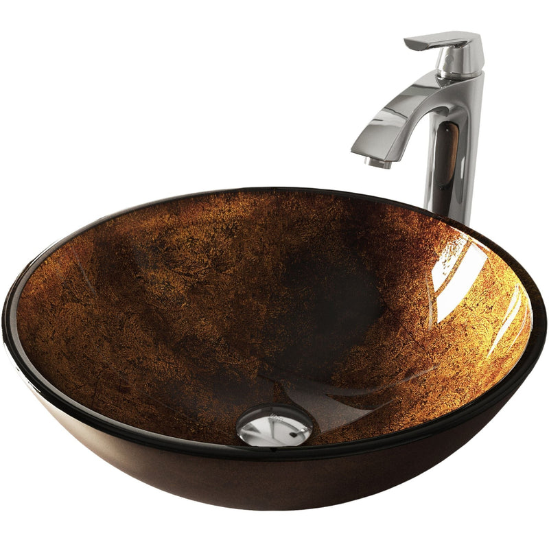 VIGO Glass Russet Brown Bathroom Sink/Basin Set with Linus Faucet and Round Vessel V5