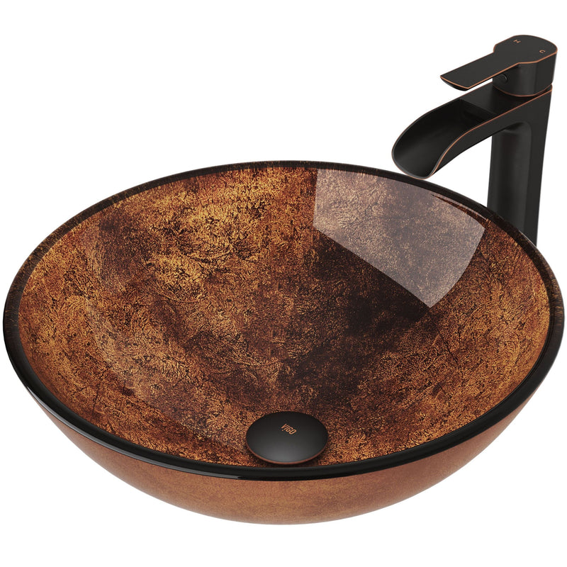 VIGO Glass Russet Brown Bathroom Sink/Basin Set with Niko Faucet and Round Vessel E4