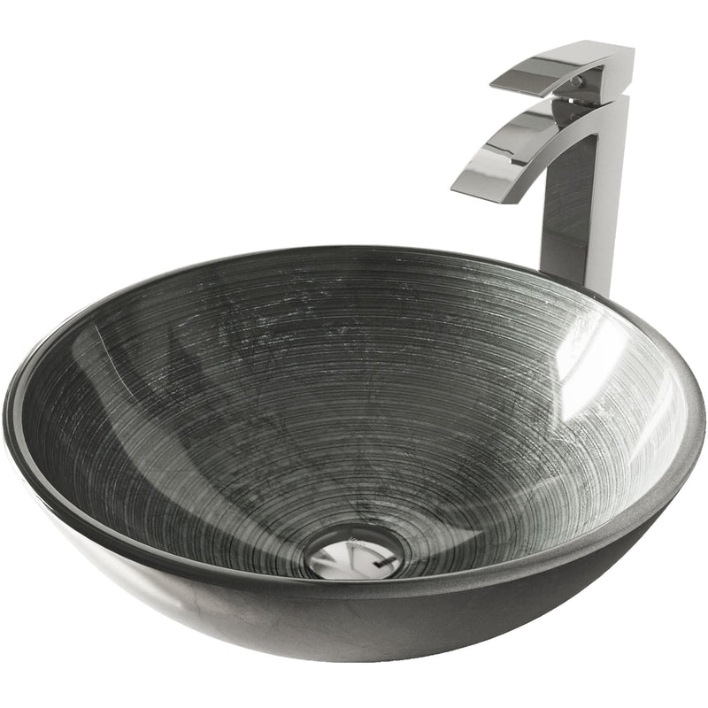 VIGO Glass Simply Silver Bathroom Sink/Basin Set with Chrome Duris Faucet and Round Vessel D9