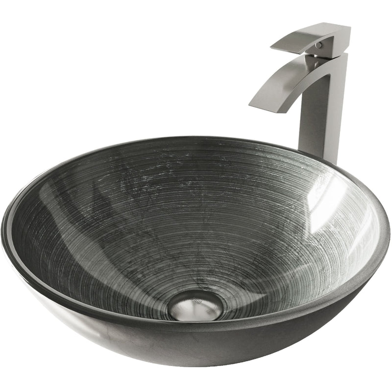 VIGO Glass Simply Silver Bathroom Sink/Basin Set with Duris Faucet and Round Vessel V3