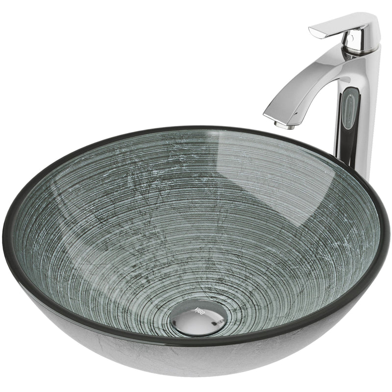 VIGO Glass Simply Silver Bathroom Sink/Basin Set with Linus Faucet and Round Vessel G3
