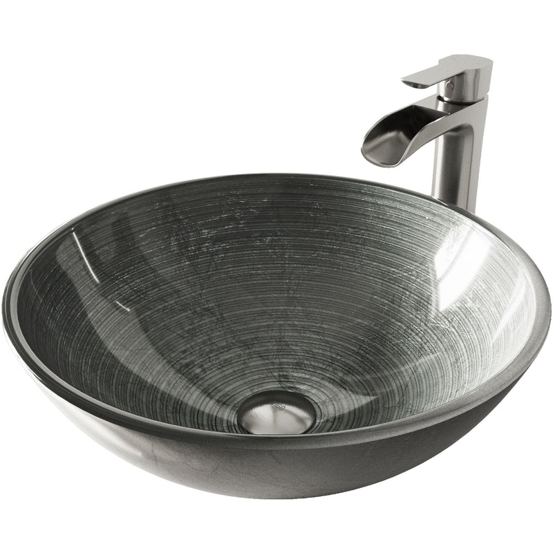 VIGO Glass Simply Silver Bathroom Sink/Basin Set with Niko Faucet and Round Vessel S0
