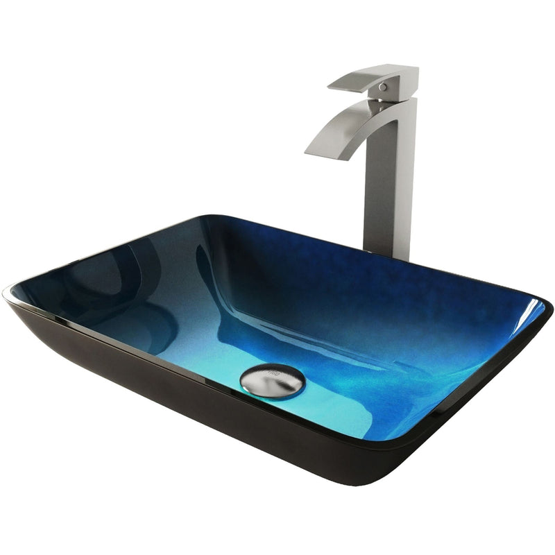 VIGO Glass Turquoise Water Bathroom Sink/Basin Set with Duris Faucet and Rectangular Vessel W2