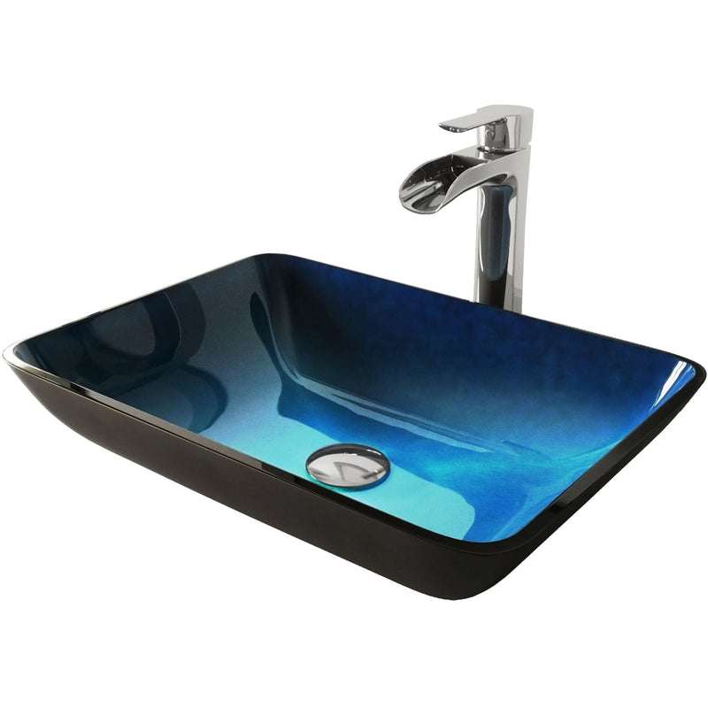 VIGO Glass Turquoise Water Bathroom Sink/Basin Set with Niko Faucet and Rectangular Vessel J6