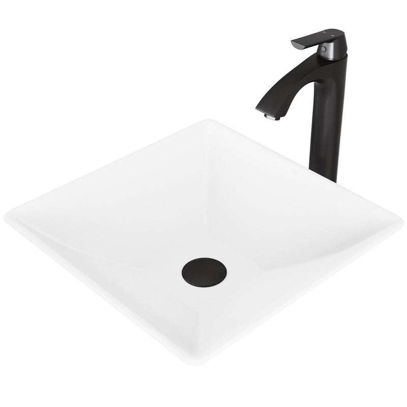 VIGO Hibiscus MatteStone White Bathroom Sink/Basin Set with Linus Faucet and Square Composite Vessel W0