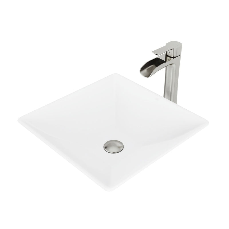 VIGO Hibiscus MatteStone White Bathroom Sink/Basin Set with Niko Faucet and Square Composite Vessel V1