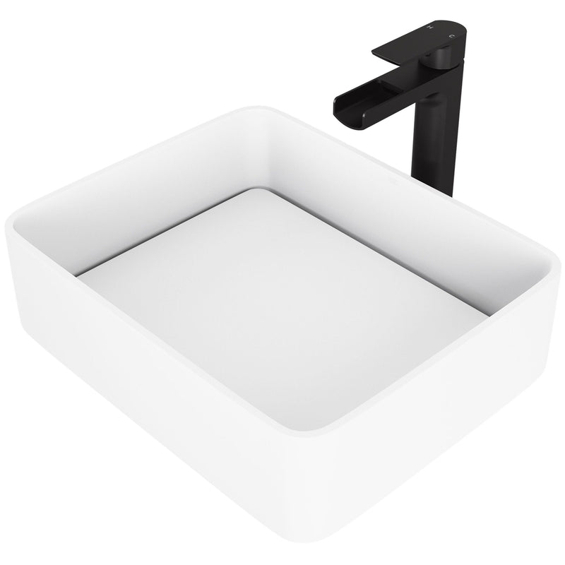 VIGO Jasmine MatteStone White Bathroom Sink/Basin Set with Amada Faucet and Rectangular Composite Vessel Y3