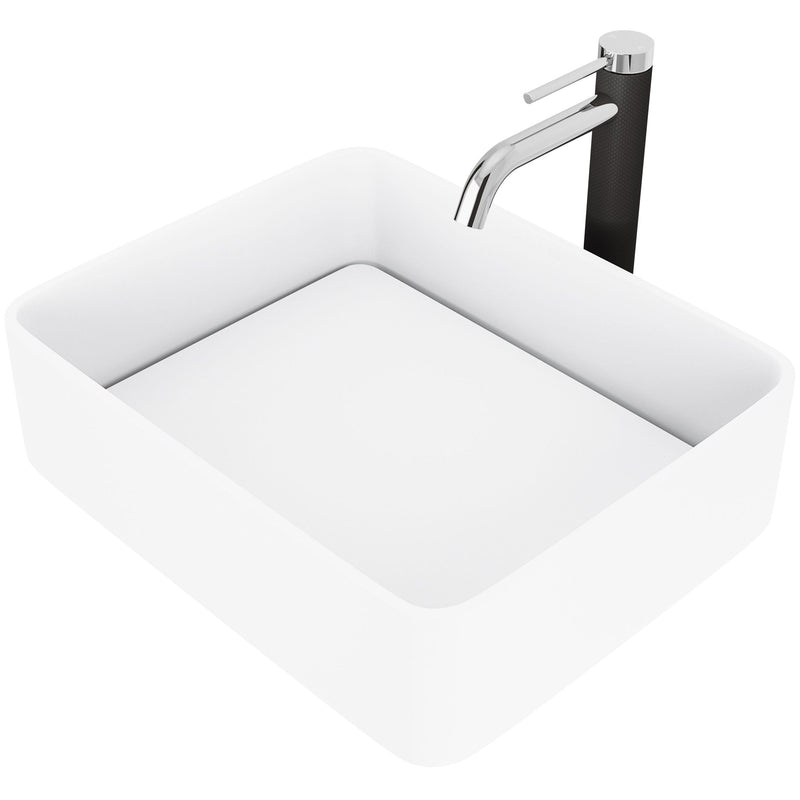 VIGO Jasmine MatteStone White Bathroom Sink/Basin Set with Lexington Faucet and Rectangular Composite Vessel B9