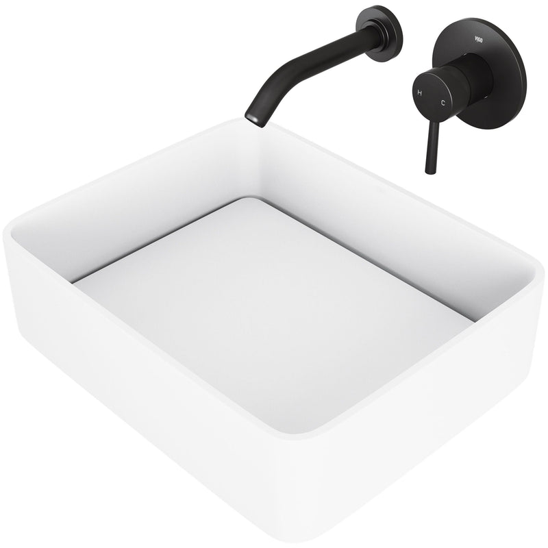 VIGO Jasmine MatteStone White Bathroom Sink/Basin Set with Olus Wall Mount Faucet and Rectangular Composite Vessel N0