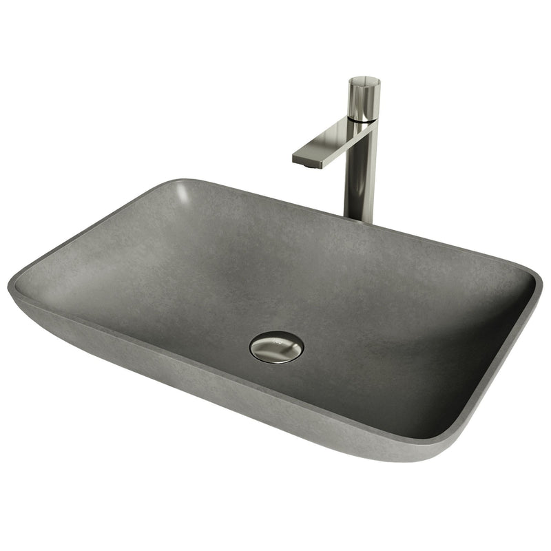 VIGO Lorca ConcretoStone Grey Bathroom Sink/Basin Set with Gotham Faucet and Rectangular Vessel C5