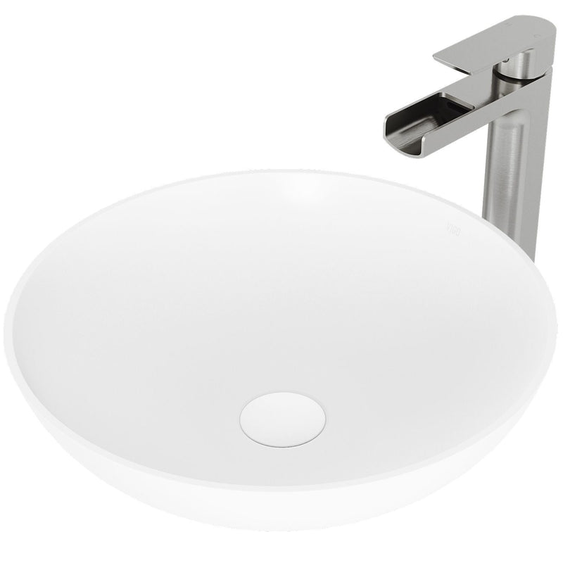 VIGO Lotus MatteStone Round White Composite Bathroom Sink/Basin Set with Amada Faucet and Pop-Up Drain I3