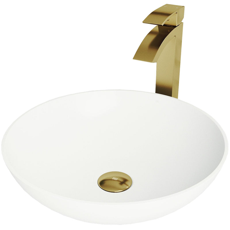 VIGO Lotus MatteStone Round White Composite Bathroom Sink/Basin Set with Duris Faucet and Pop-Up Drain T6