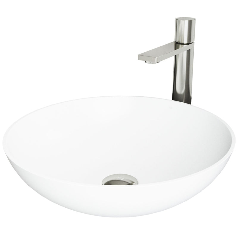 VIGO Lotus MatteStone White Bathroom Sink/Basin Set with Gotham Faucet and Round Composite Vessel A7