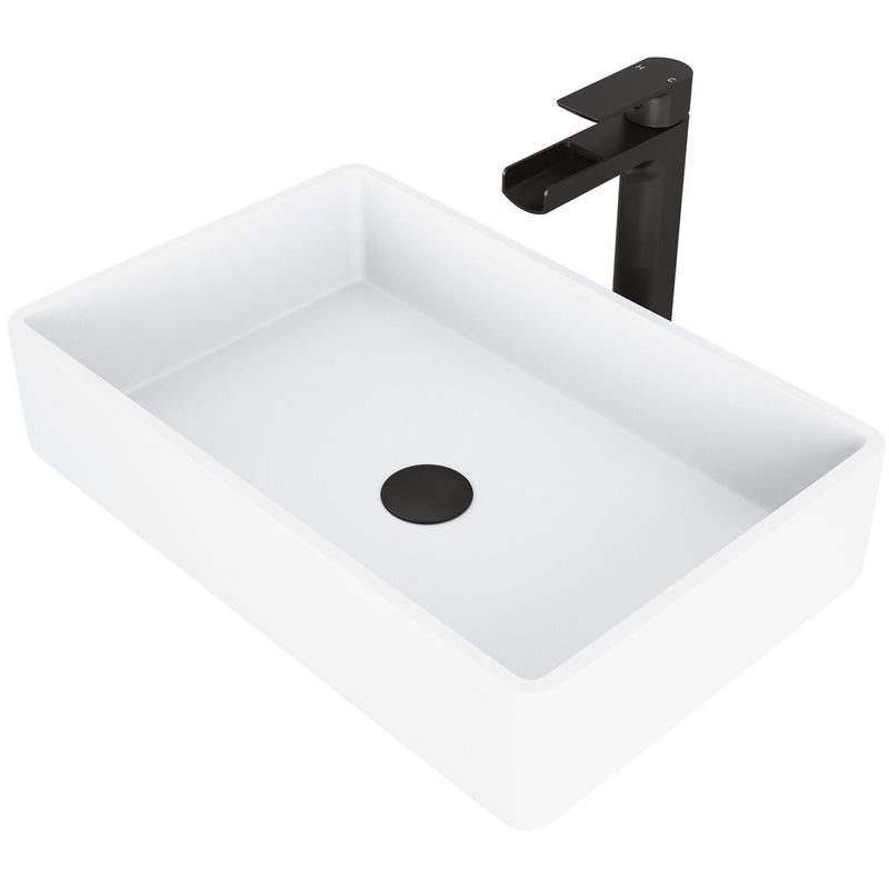 VIGO Magnolia MatteStone White Bathroom Sink/Basin Set with Amada Faucet and Rectangular Composite Vessel O9