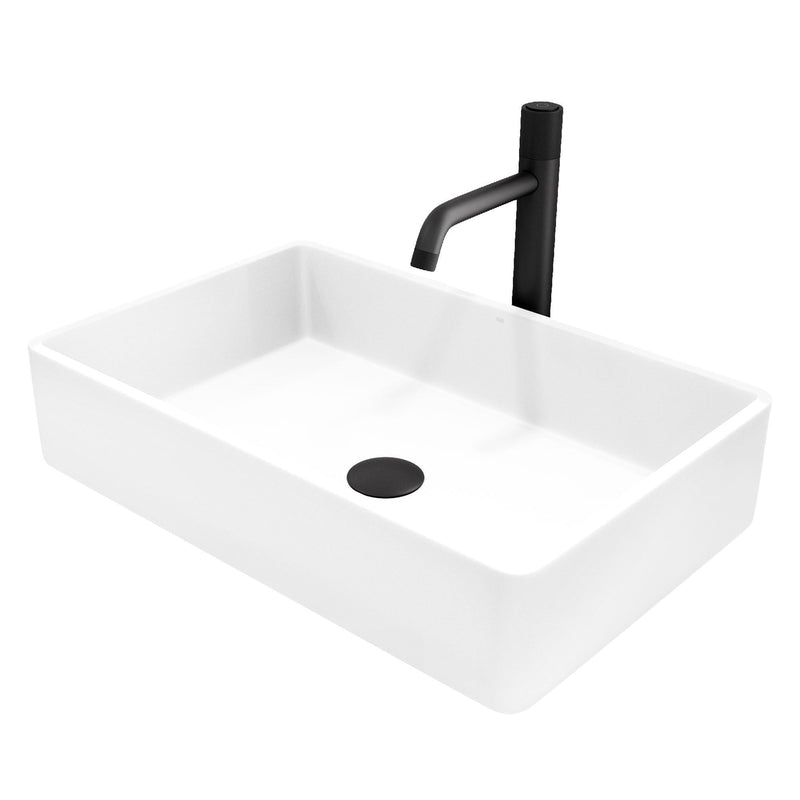 VIGO Magnolia MatteStone White Bathroom Sink/Basin Set with Apollo Faucet and Rectangular Composite Vessel N3