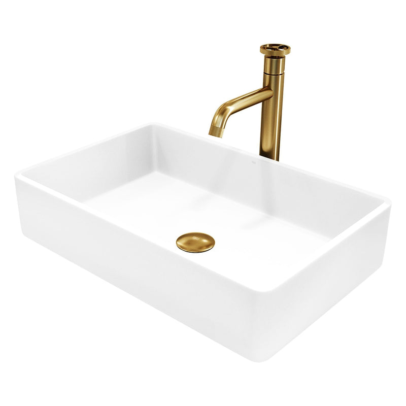 VIGO Magnolia MatteStone White Bathroom Sink/Basin Set with Cass Faucet and Rectangular Composite Vessel V1