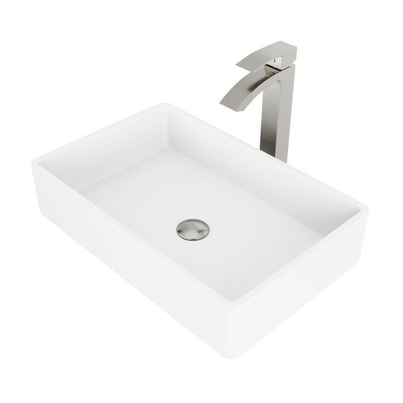 VIGO Magnolia MatteStone White Bathroom Sink/Basin Set with Duris Faucet and Rectangular Composite Vessel D9