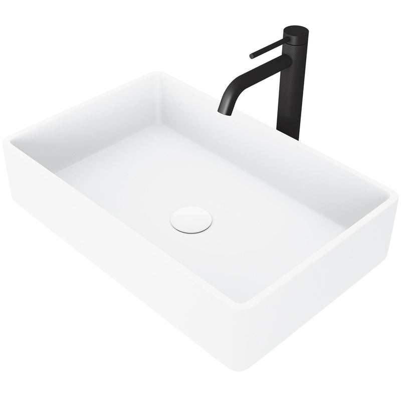 VIGO Magnolia MatteStone White Bathroom Sink/Basin Set with Lexington Faucet and Rectangular Composite Vessel B7