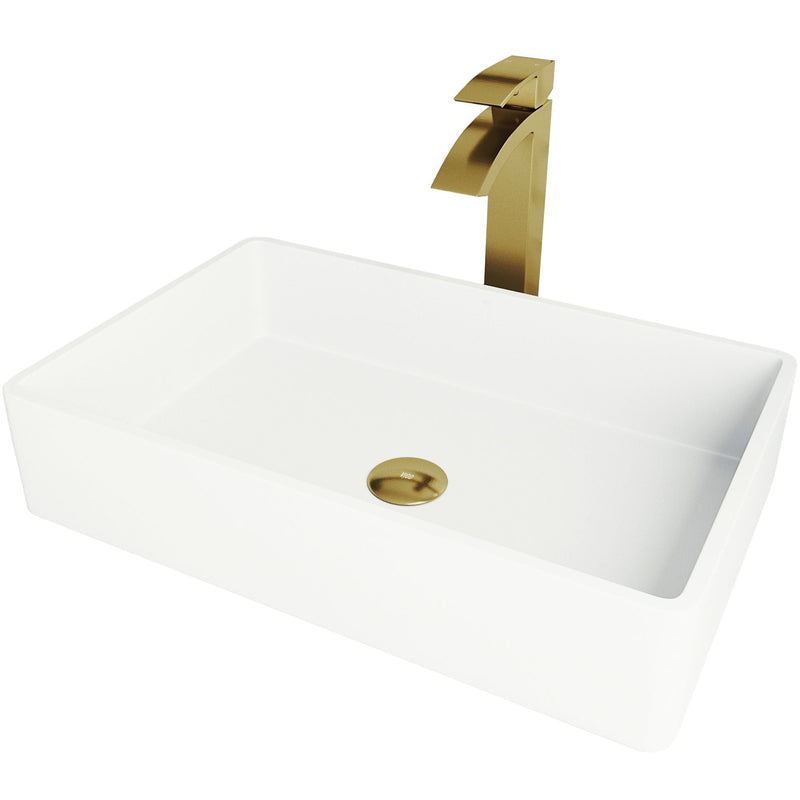 VIGO Magnolia MatteStone White Bathroom Sink/Basin Set with Matte Gold Duris Faucet and Rectangular Composite Vessel K6