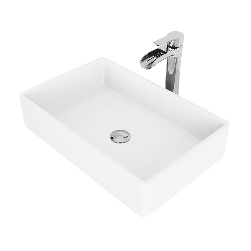 VIGO Magnolia MatteStone White Bathroom Sink/Basin Set with Niko Faucet and Rectangular Composite Vessel B9