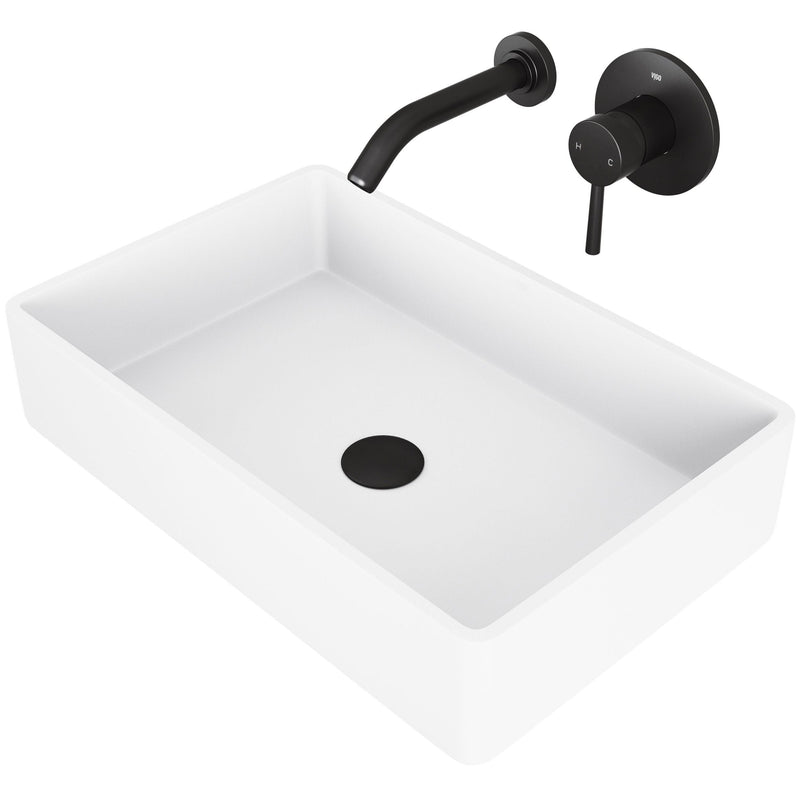 VIGO Magnolia MatteStone White Bathroom Sink/Basin Set with Olus Wall Mount Faucet and Rectangular Composite Vessel J5