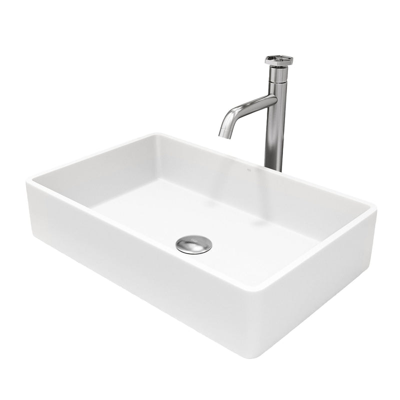 VIGO Magnolia MatteStone White Bathroom Sink/Basin Set with Ruxton Faucet and Rectangular Composite Vessel Z0