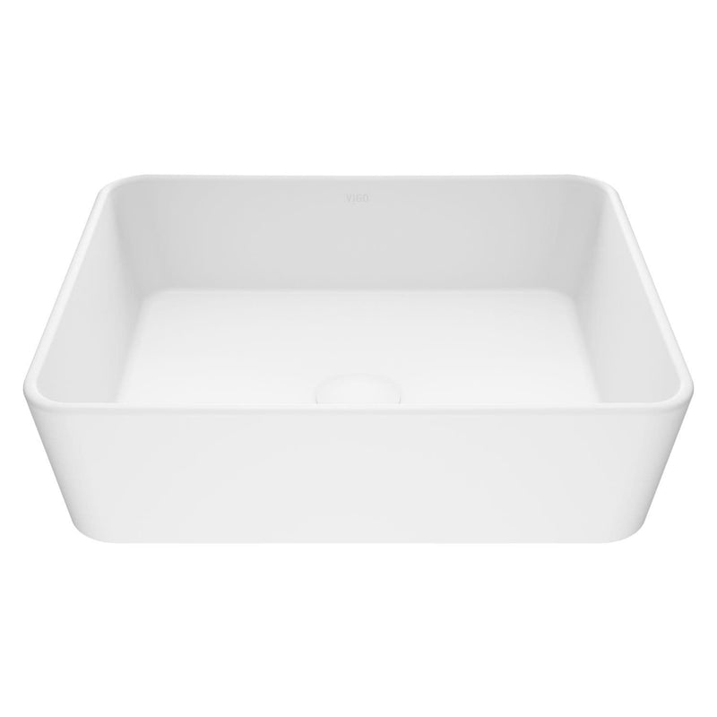 VIGO Marigold Matte Stone Rectangular Composite Vessel Bathroom Sink/Basin with Rounded Edges & Deep Bowl, White B2