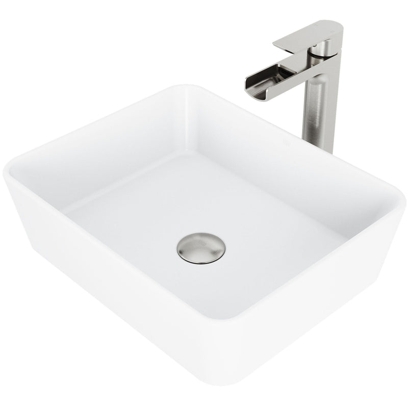 VIGO Marigold MatteStone Matte White Bathroom Sink/Basin Set with Amada Faucet and Rectangular Composite Vessel C5