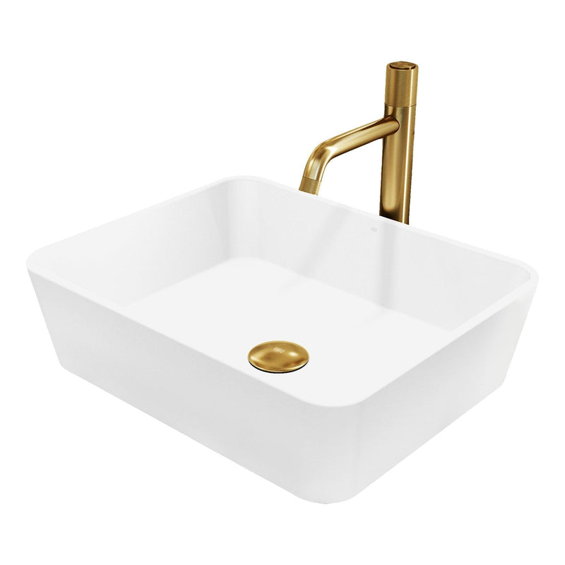 VIGO Marigold MatteStone Matte White Bathroom Sink/Basin Set with Apollo Faucet and Rectangular Composite Vessel S9