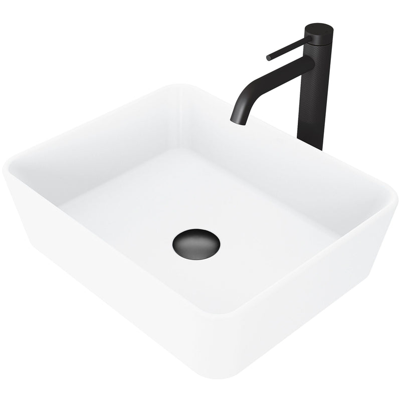 VIGO Marigold MatteStone Matte White Bathroom Sink/Basin Set with Lexington Faucet and Rectangular Composite Vessel P1