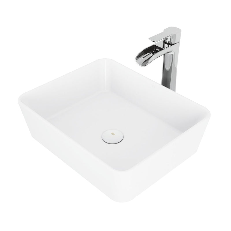 VIGO Marigold MatteStone Matte White Bathroom Sink/Basin Set with Niko Faucet and Rectangular Composite Vessel N5