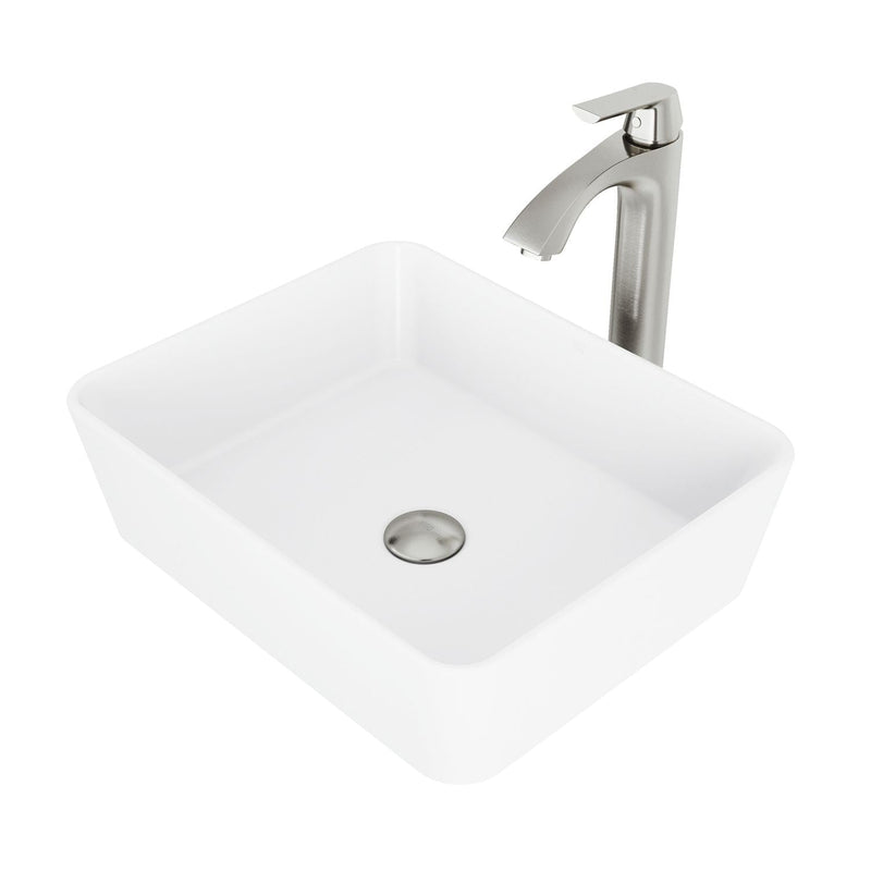 VIGO Marigold MatteStone White Bathroom Sink/Basin Set with Linus Faucet and Rectangular Composite Vessel V3