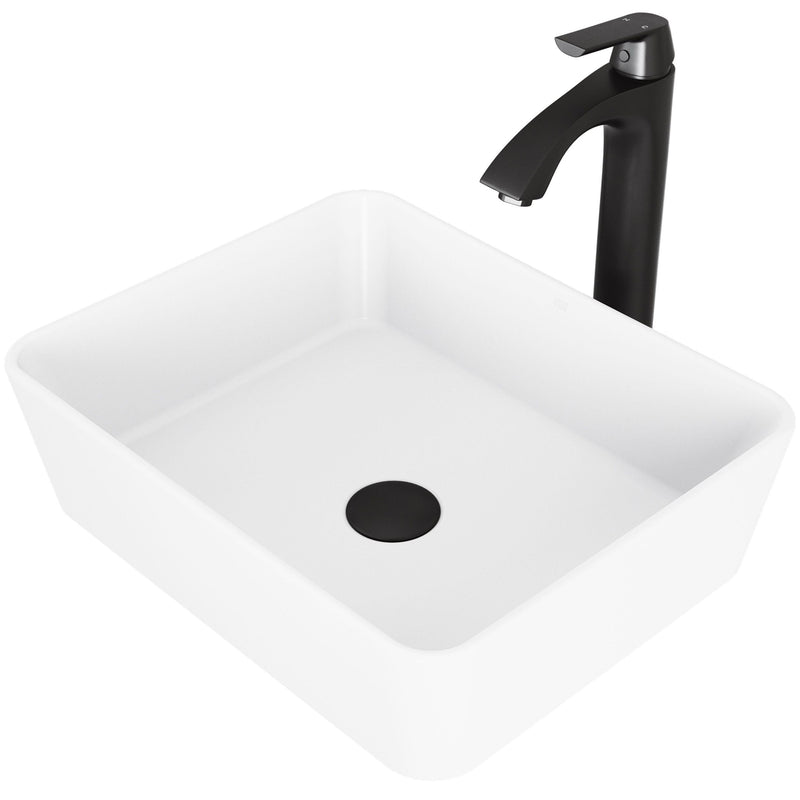 VIGO Marigold MatteStone White Bathroom Sink/Basin Set with Matte Black Linus Faucet and Rectangular Composite Vessel F0