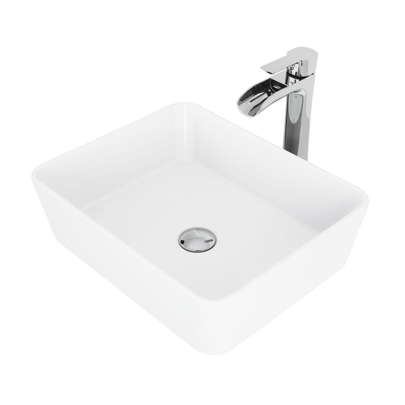 VIGO Marigold MatteStone White Bathroom Sink/Basin Set with Niko Faucet and Rectangular Composite Vessel M1