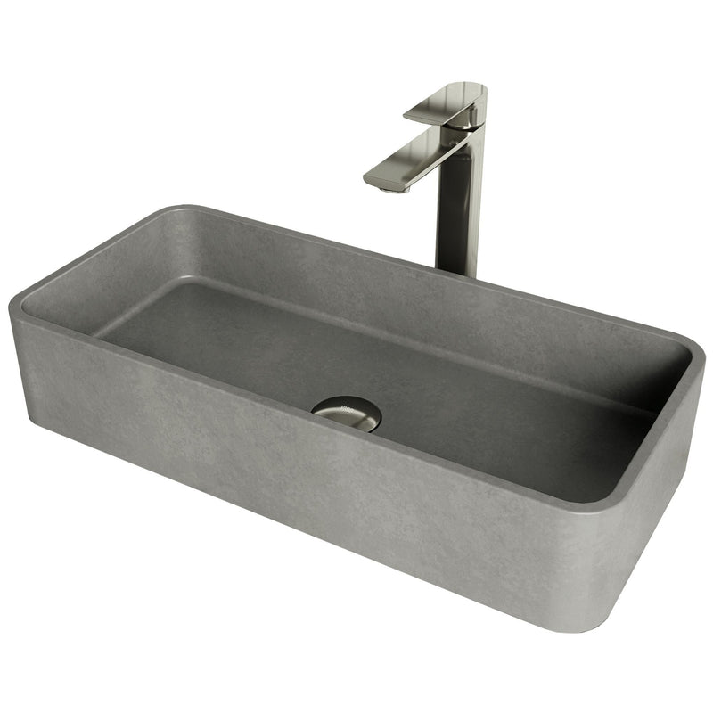 VIGO Palazzo Gothic ConcretoStone Grey Bathroom Sink/Basin Set with Niko Faucet and Rectangular Vessel K1