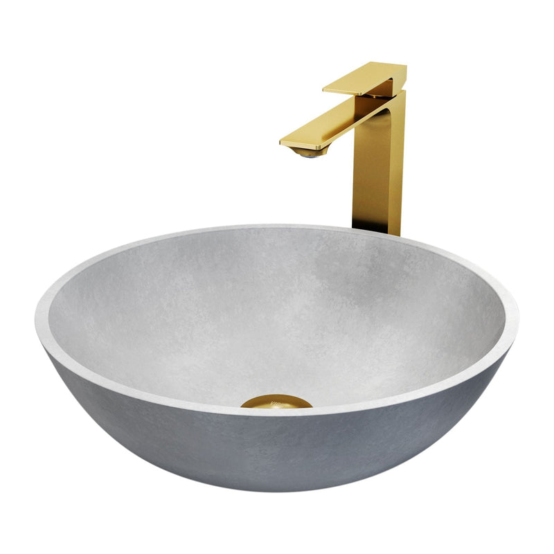 VIGO Ravenna Gothic ConcretoStone Grey Bathroom Sink/Basin Set with Dunn Faucet and Round Vessel I3