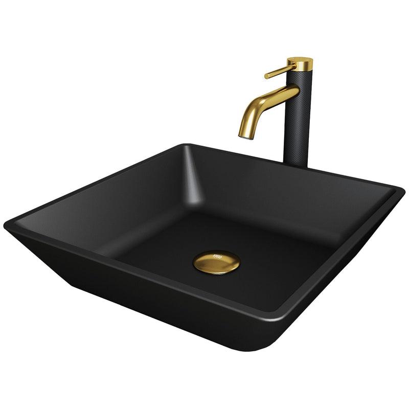 VIGO Roma MatteShell Matte Black Bathroom Sink/Basin Set with Lexington Faucet and Glass Square Vessel X1