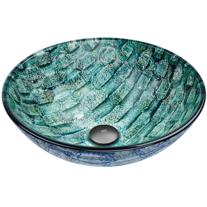 VIGO Round Glass Vessel Bathroom Sink/Basin with Scratch-Resistant Surface, Oceania Q6